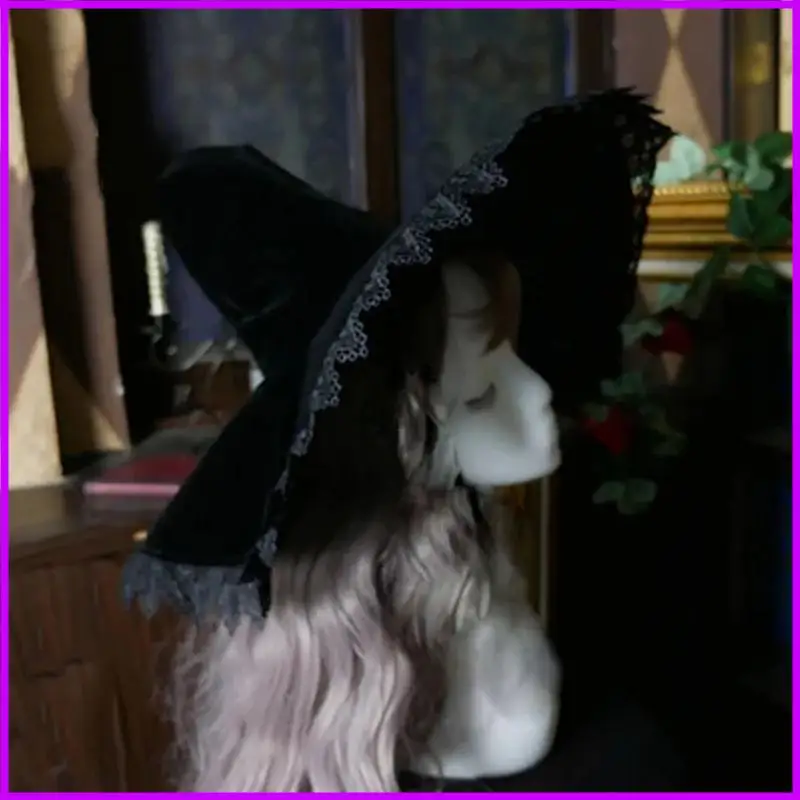 قبعة ساحرة سوداء للنساء البالغات للهالوين قبعة ساحرة سوداء واسعة الحواف للحفلات #4