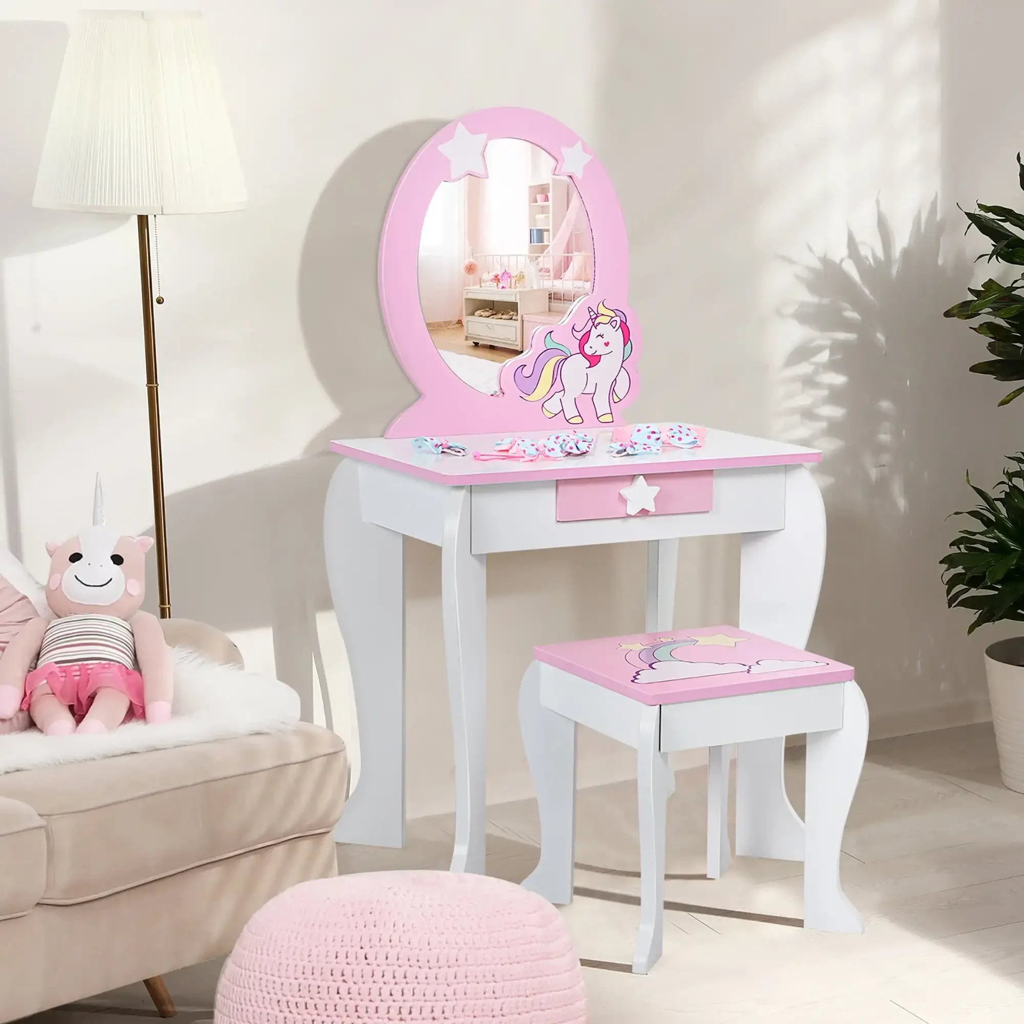 

Kids Vanity Makeup Dressing Table Chair Set Wooden W/ Mirror Drawer White