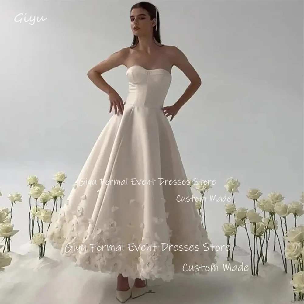 Giyu Modern Soft Satin A Line Wedding Dresses 3D Flowers Sweetheart Ankle Length Bride Dress Vestido de noiva