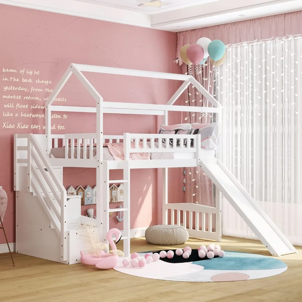 

Merax House Loft Bunk Bed Frames with Storage and Slide No Box Spring Needed for Kids, Teens, Girls or Boys