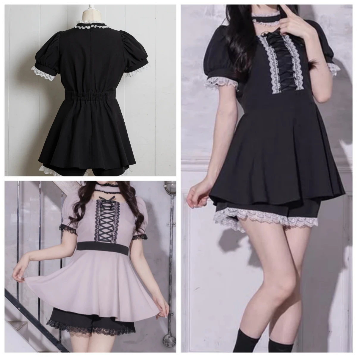 

Летние наряды для женщин в стиле Лолиты, кружевное платье с короткими рукавами и шортами в японском стиле, модные женские комплекты из двух предметов