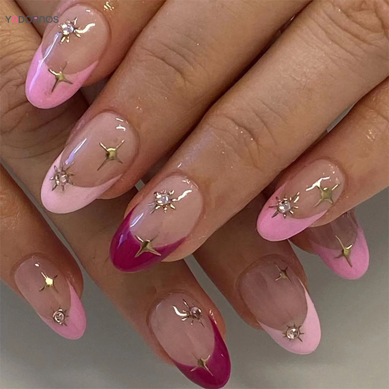 24 szt. Krótkie migdałowe różowe francuskie sztuczne paznokcie wzór gwiazdy naciśnij na paznokcie sztuczne paznokcie DIY Manicure odpinane przyklejane końcówki do paznokci