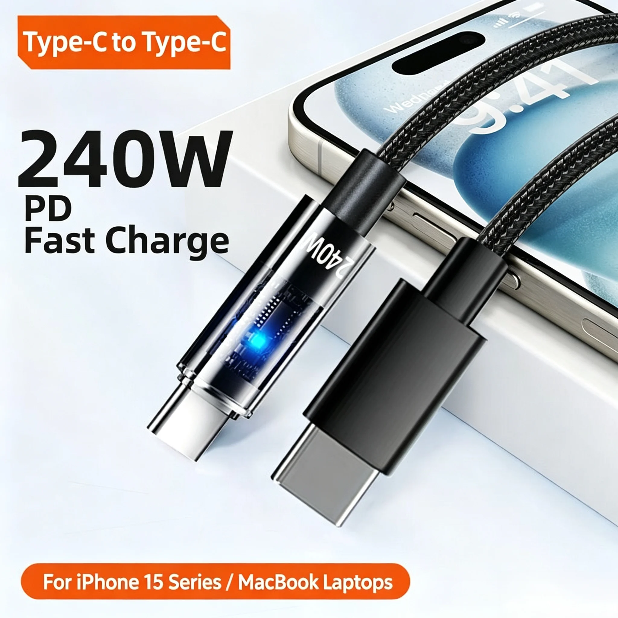 240W PD Transparent LED Type‑C to Type‑C Braided Fast Charging Cable for iPhone 15 Series, MacBook Laptops