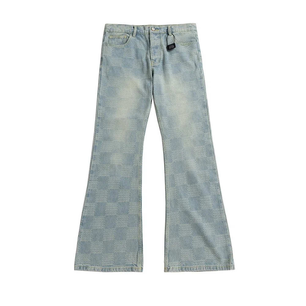 

High Street Checkered Micro Flared Jeans for Men Patchwork Straight Loose Boot Cut Oversized Casual Baggy Denim Trousers