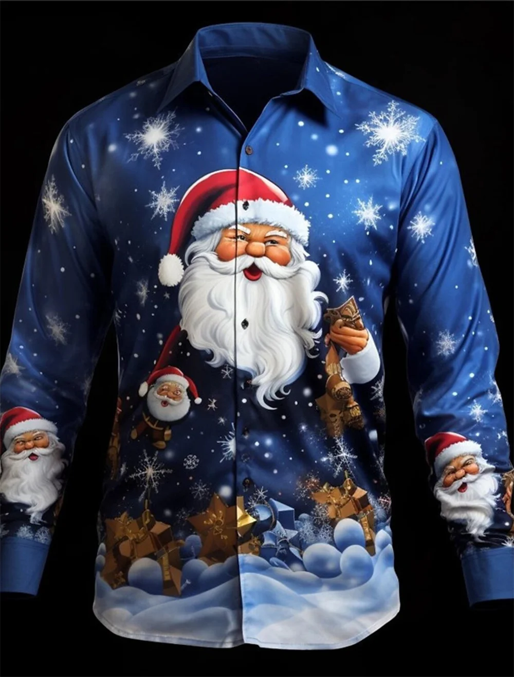 Santa Claus gift fashionable men\'s shirt printed Christmas classic long sleeved fashionable men\'s shirt party high-end shirt