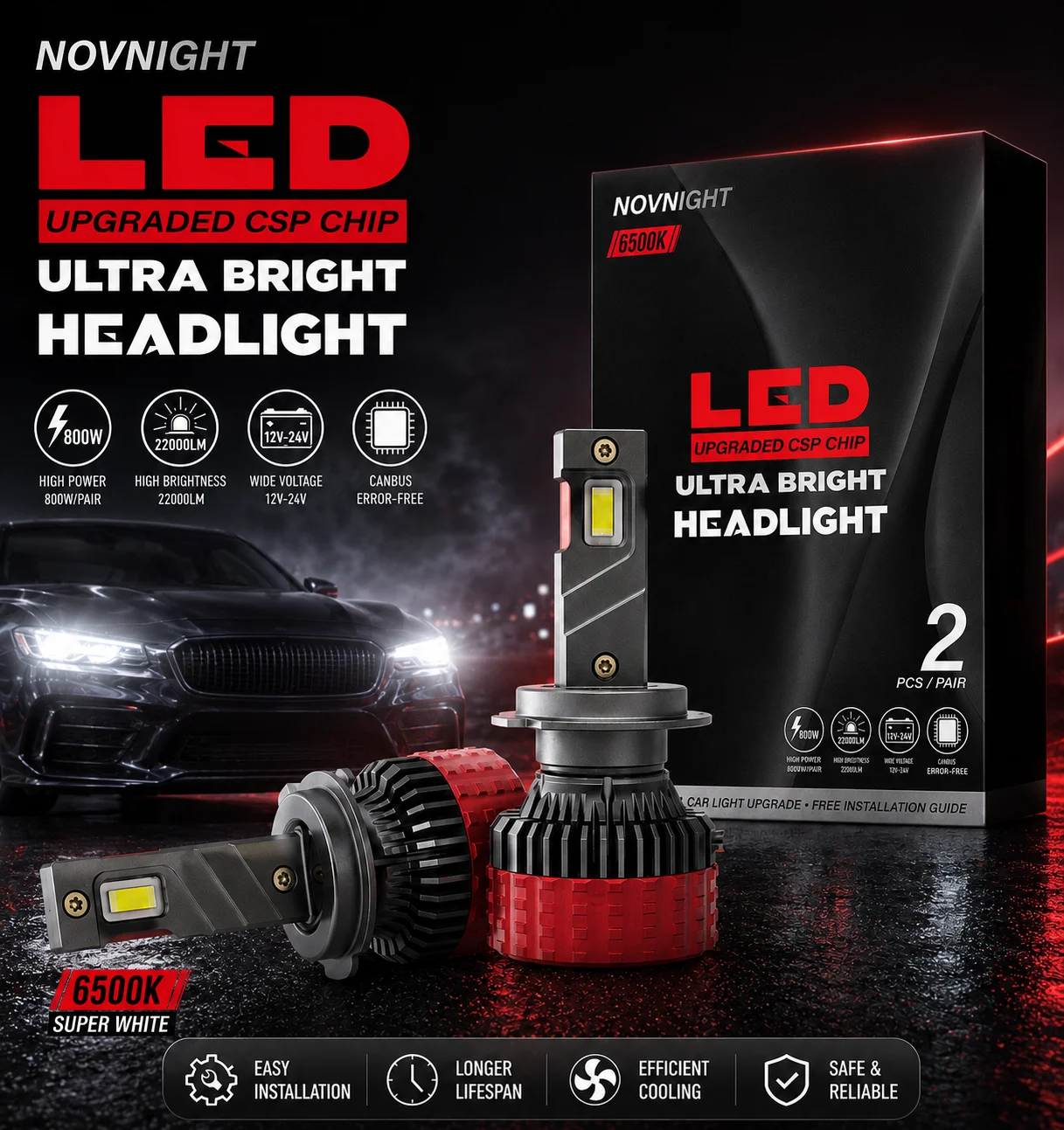 22000LM LED Headlight Bulbs H7 D1S D2S 6500K Super White CSP Chip High Brightness Fast Cooling 12V-24V 2PCS