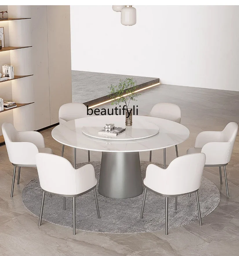 

Italian Bright Stone Plate round Table with Turntable Modern Simple Home Stainless Steel round Dining Table