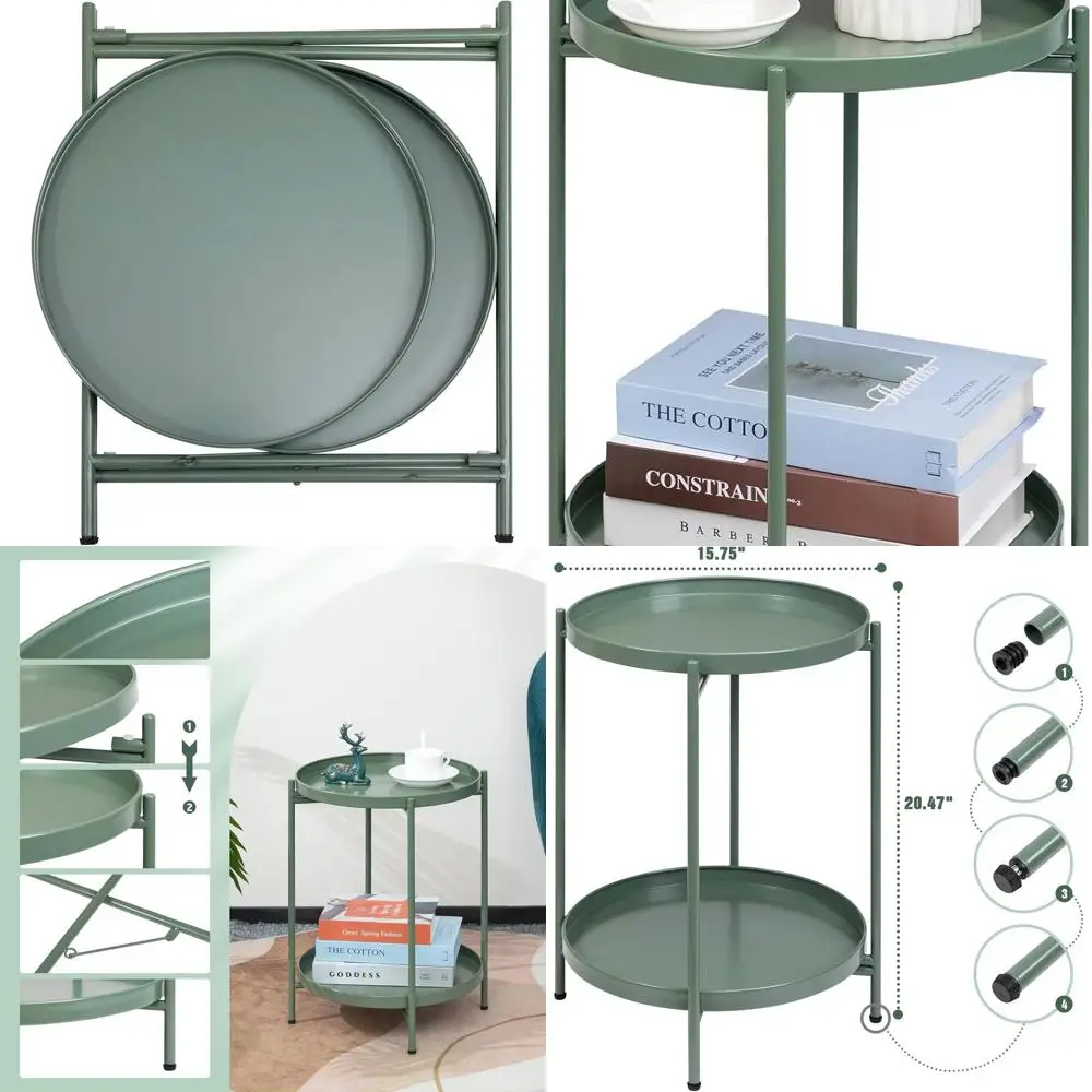 

Compact Folding Outdoor Side Table with Removable Tray, Rust-Resistant Metal, Matcha Green for Patio, Balcony, Living Room, and