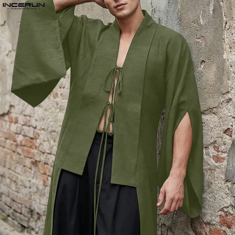 INCERUN Men's Shirt Cardigan Solid Color Lace Up Long Sleeve Men Clothes Streetwear Loose Casual Irregular Long Style Shirts Men