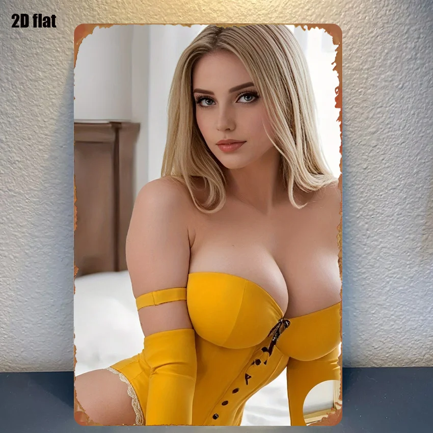 Vintage 2D Flat Blonde Woman in Yellow Corset Outfit Tin Sign - Retro Bedroom Portrait Metal Wall Art Decor for Bedroom, Boudoir