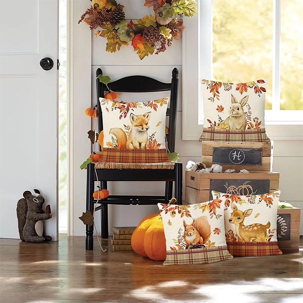 أربعة أغطية وسائد مطبوعة على شكل حيوانات بطابع الخريف: غطاء وسادة أريكة الثعلب والأرنب والسنجاب والغزلان، ديكور غرفة المنزل #2