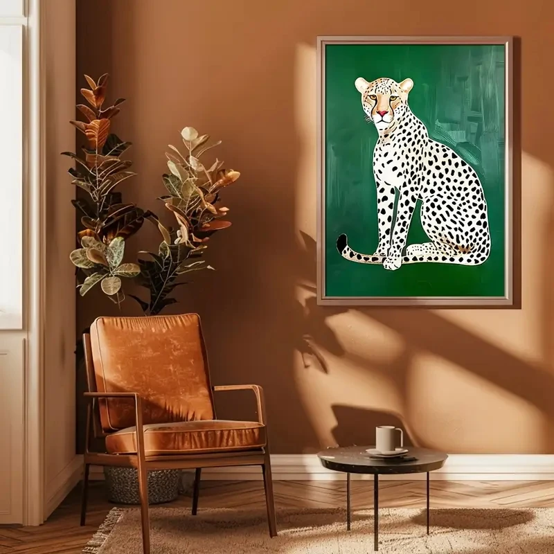 ملصق فني جداري بسيط من قماش الفهد الأخضر، نمط ديكور منزلي لغرفة النوم وغرفة المعيشة الحديثة، موضوع الحيوان