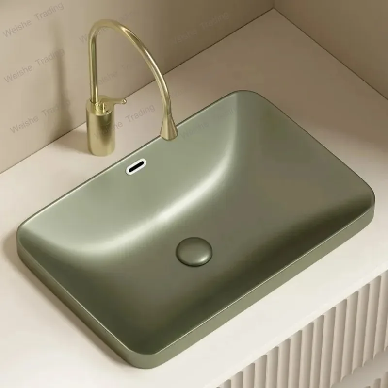 Retro-style metal-textured semi-recessed bathroom sink square ceramic wash basin for bathroom countertops