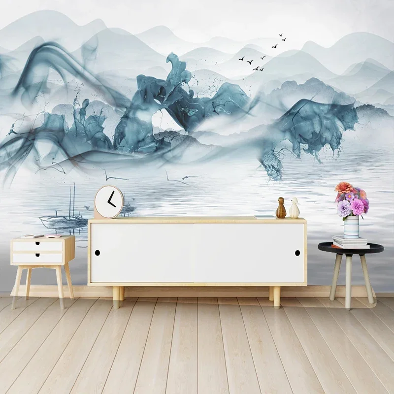Custom 3D Ink Landscape Wall Mural Chinese Style Abstract Line Art Wallpaper for Living Room Study Room Waterproof Home Decor