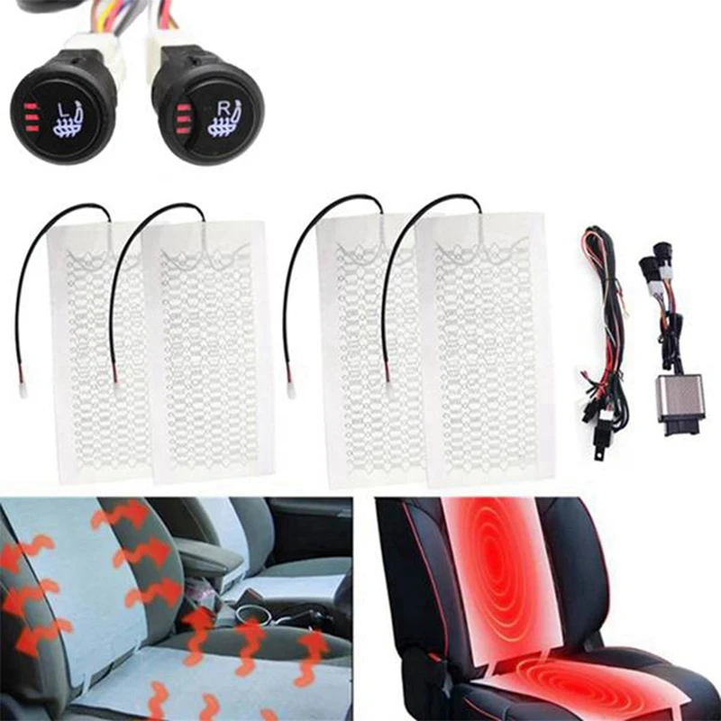 Universal Built-In Car Seat Heater Kit Fit 2 Seats With 12V Carbon Fiber Heating Pads 3 Levels Control Switch System