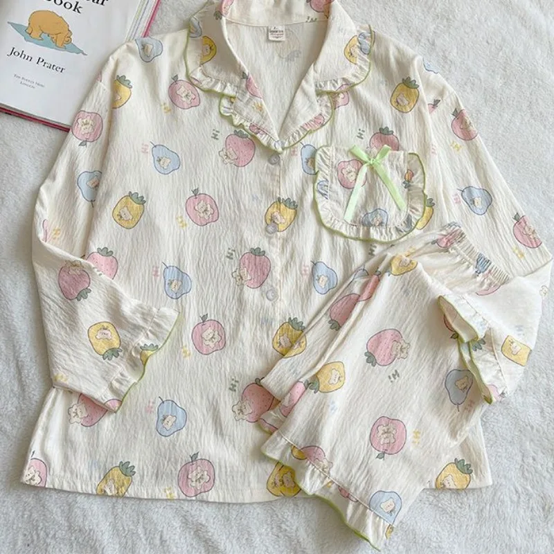 2024 The Latest Pyjamas Plus Size Women Pyjamas Spring Autumn Thin Sleepwear Sweet Loose Nightdress Lapel Print Home Wear Set