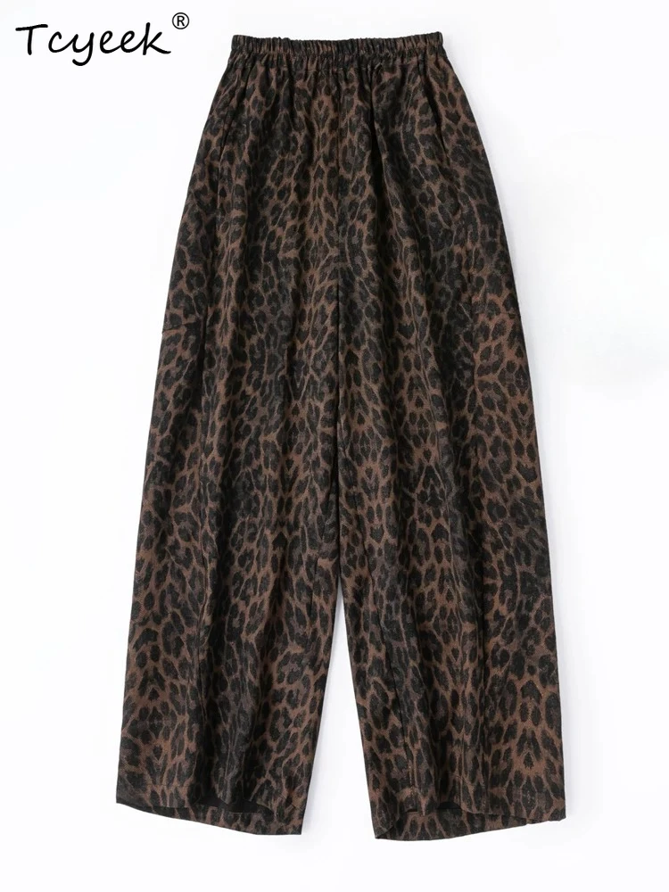 Tcyeek 100% Real Silk Pants for Woman Clothing Casual Harem Pants Women Summer Vintage Trousers Fashion Leopard Брюки Женские