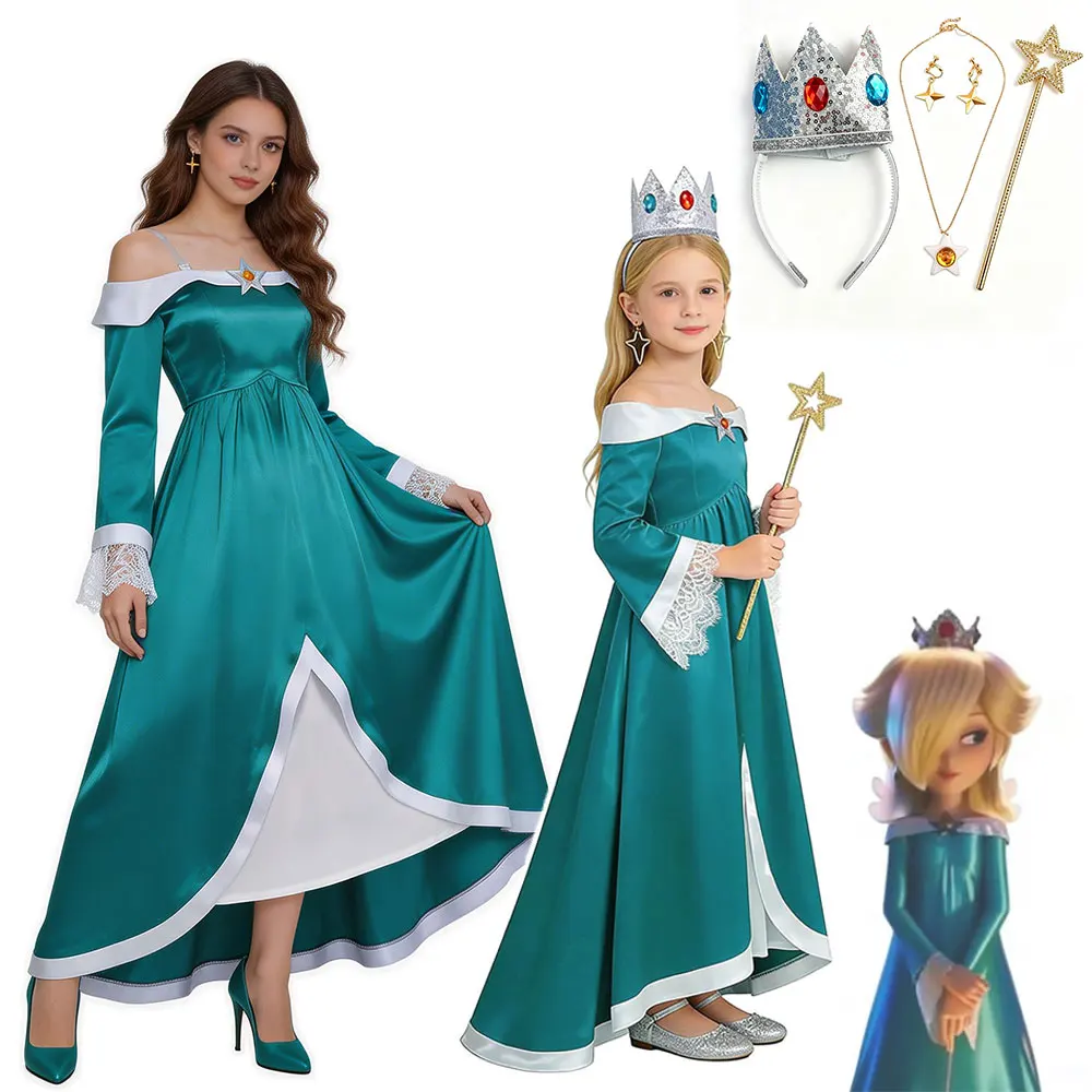 Rosalina Cosplay-Kleid für Erwachsene Frauen Kostüm Fantasia Ohrringe Krone Magie-Set Rollenspiel Prinzessinnen-Röcke Halloween-Kostüm
