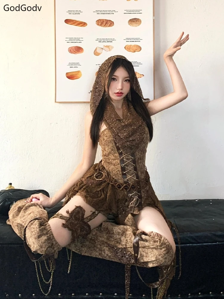Spring Gothic Brown Vintage 3 Piece Set Women Sexy Lace Y2k Party Mini Pants Suit Female Korean Fashion Retro Designer Outfits image 4