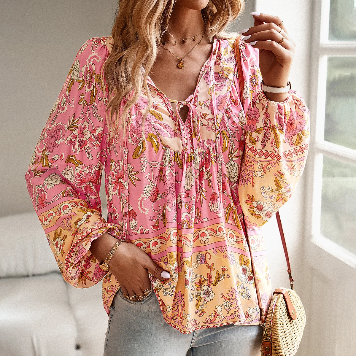 TEELYNN Cotton Rayon Floral Printed Blouses Shirts for Women Tops Long Sleeve V Neck Beach Boho Loose Blouse Summer 2023 Blusa