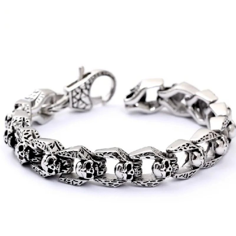 Fashion Punk Skull Head Titanium Steel Men\'s Bracelet Vintage Rock Motorcycle Bracelet Jewelry