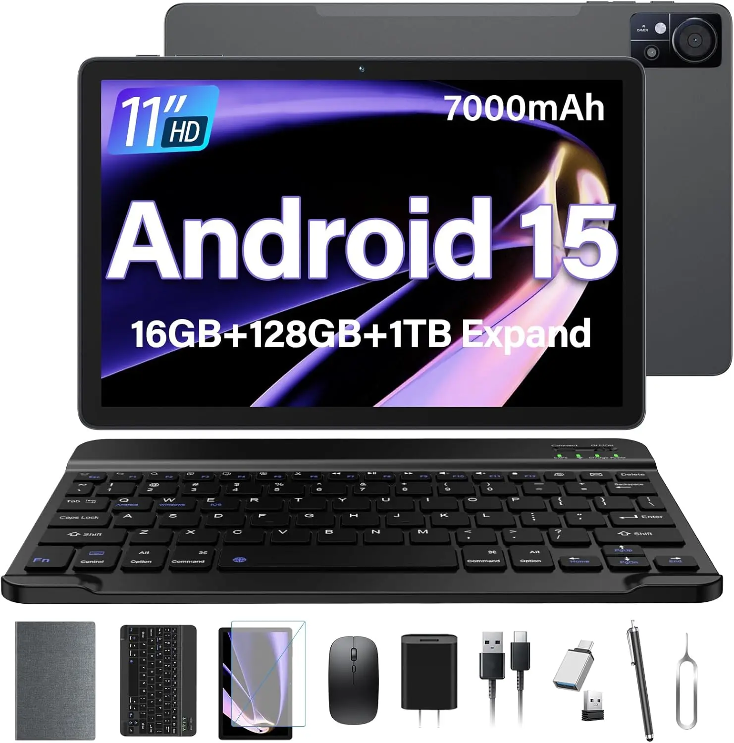 

11-дюймовый планшет Android 15 с 16 ГБ ОЗУ, 128 ГБ ПЗУ, 5G Wi-Fi, двойной камерой, клавиатурой и чехлом - серый