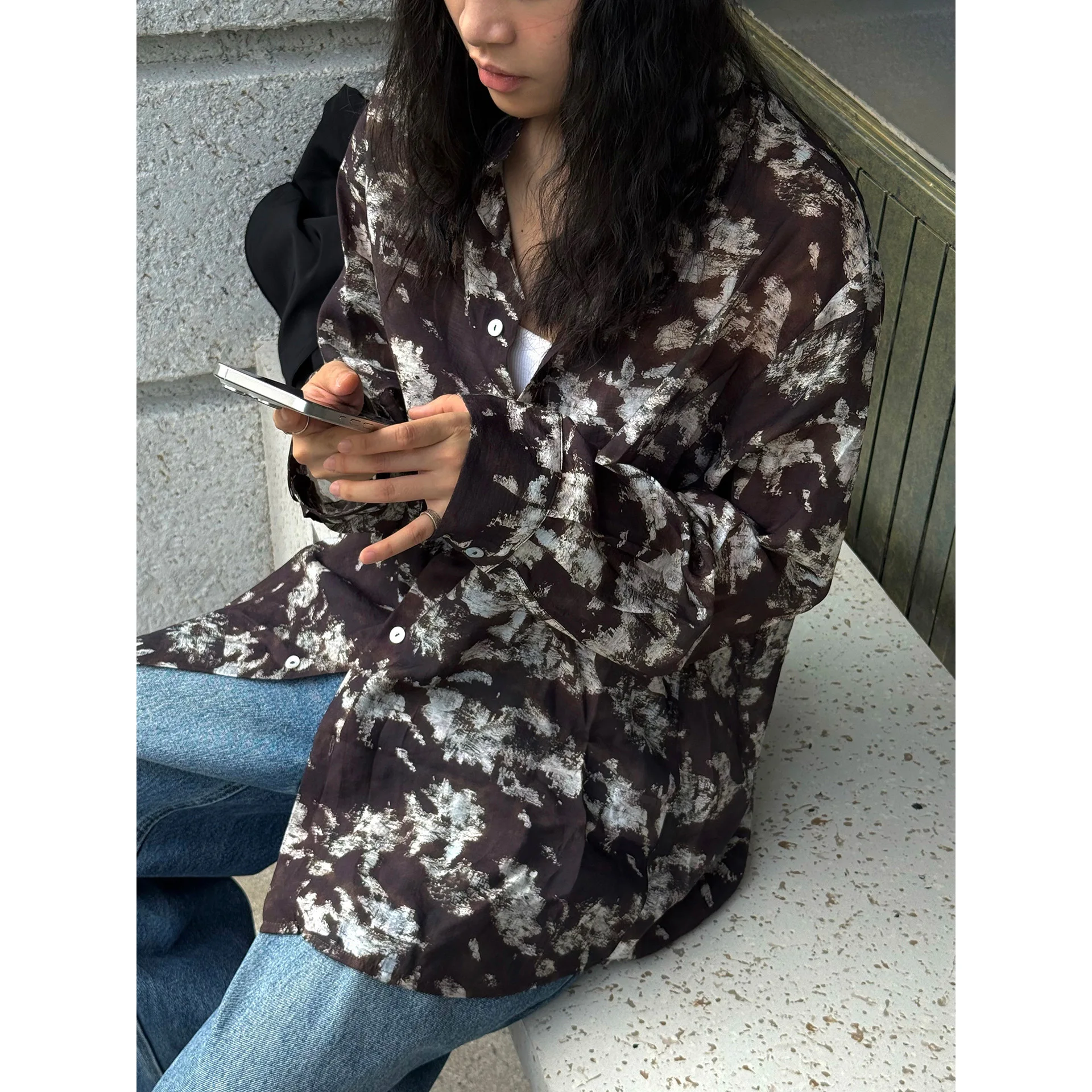 

Old Money Style Silk Floral Airy Oversized Shirt Lightweight Sheer Top For Women