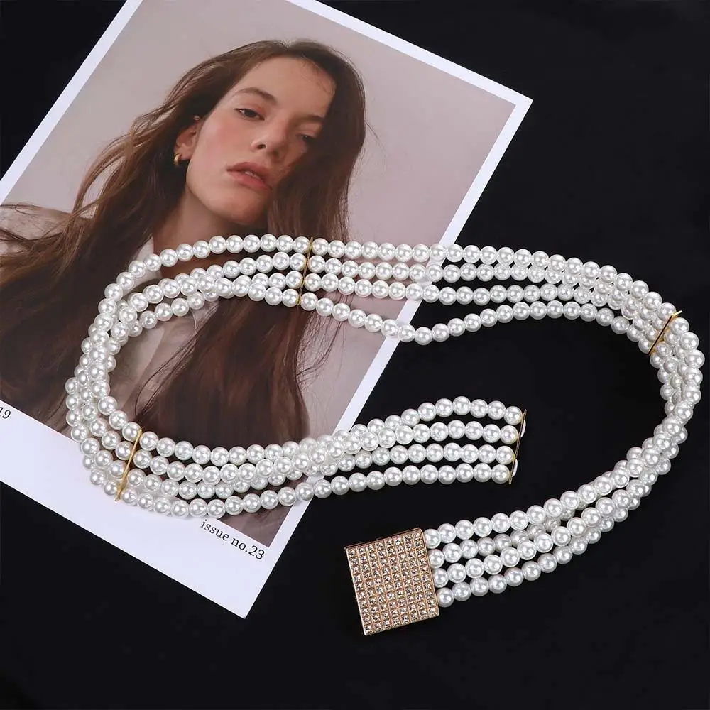 مشبك معدني أنيق من الجينز للفتيات على شكل زهرة كريستالية وحزام خصر كوري مزين باللؤلؤ الصناعي