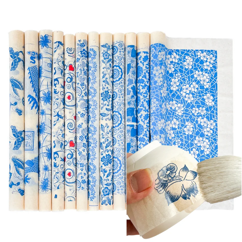 5Pcs Ceramic Craft Underglaze Transfer Paper High Temperature Traditional Colorful Floral Paper Jingdezhen Blue White Sticker