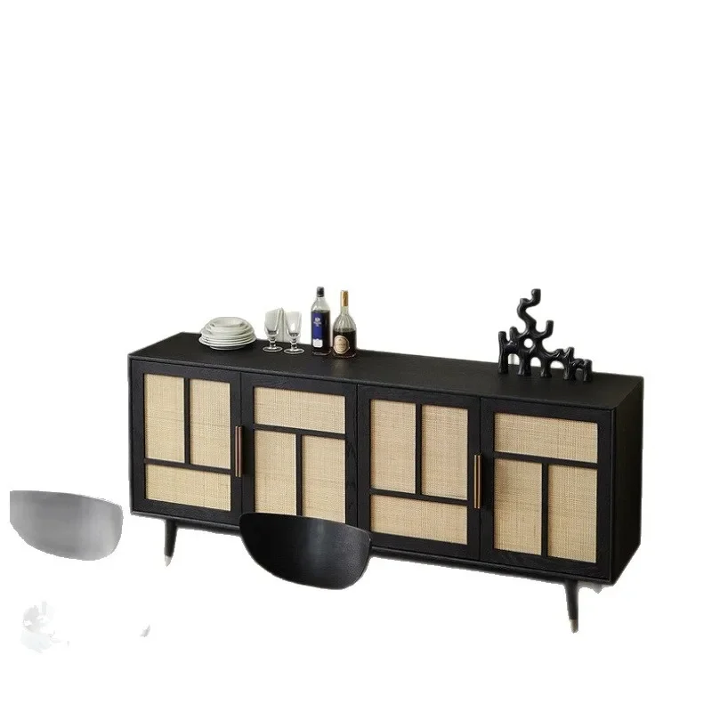 wood dining side cabinet, living room household rattan oak foot double door cabinet, modern simple homestay locker