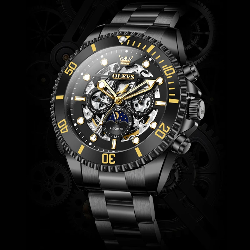 

OLEVS Black Steel Hollow Watch For Men Skeleton Mechanical Watches Business Waterproof Luxury WristWatch Reloj Hombre