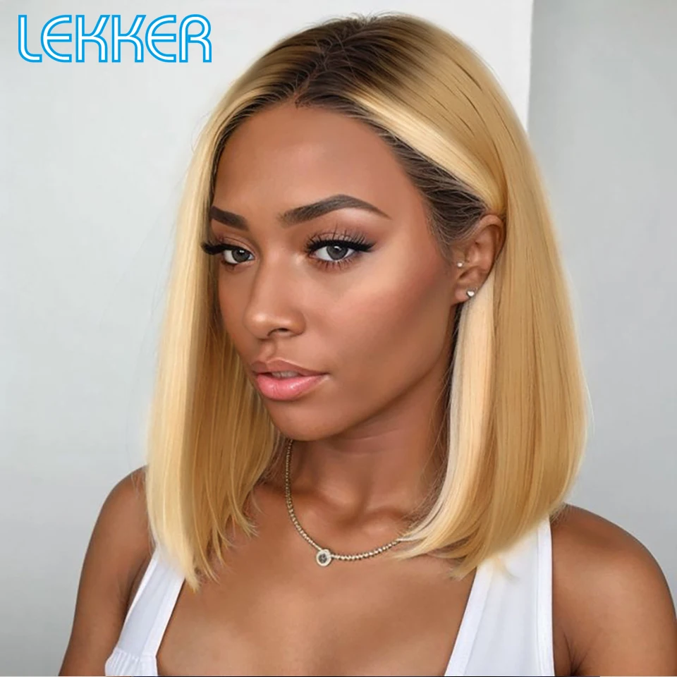 Lekker Highlight Blonde Short Straight Bob 13x1 T Lace Front 100% Human Hair Wig For Women Brazilian Remy Hair Glueless 613 Wigs