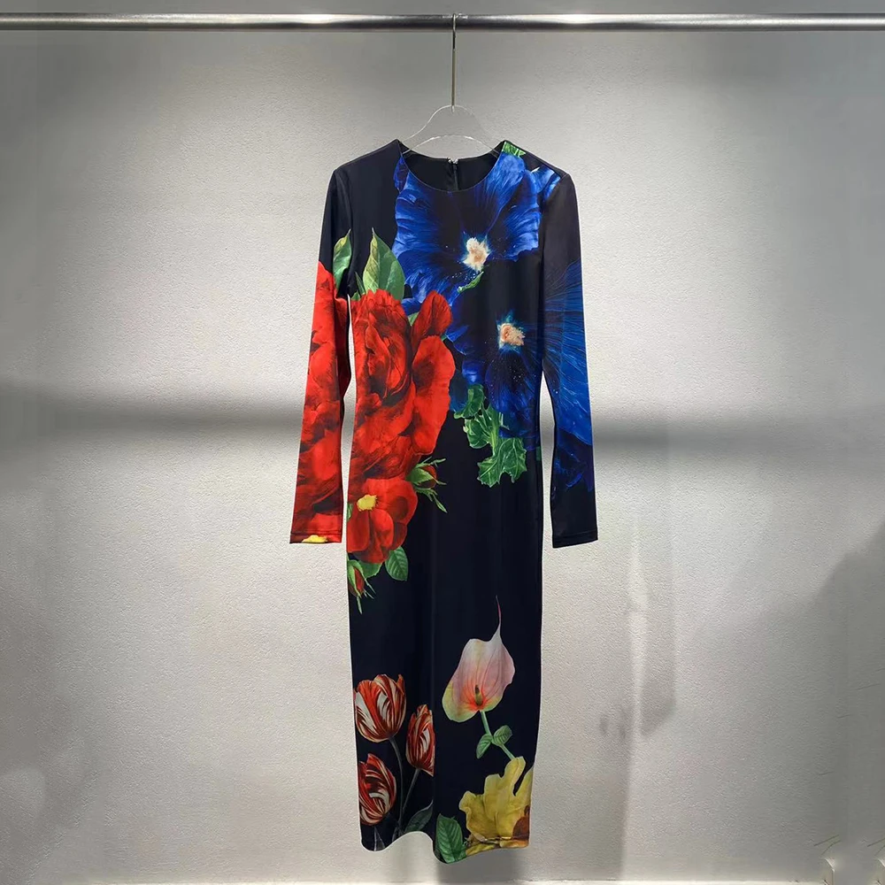 Fashion Floral Printing Women Dress Y2k Temperament Elegant Commuter Round Neck Long Sleeve Long Dresses 2024 Fall / Winter New