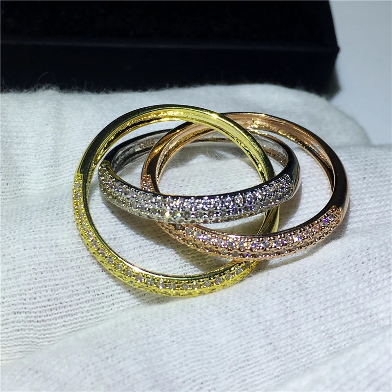 Triple Circles Gold/Rose Gold/Silver Ring Three Colors Luxury Jewelry Silver Color Pave CZ Ring Women Wedding Finger Rings Gift