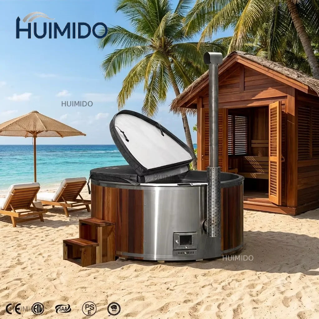 Luxury outdoor wooden hot tub Spa tub Wood fire heating Stainless steel shell Intelligent control screen Factory direct sales