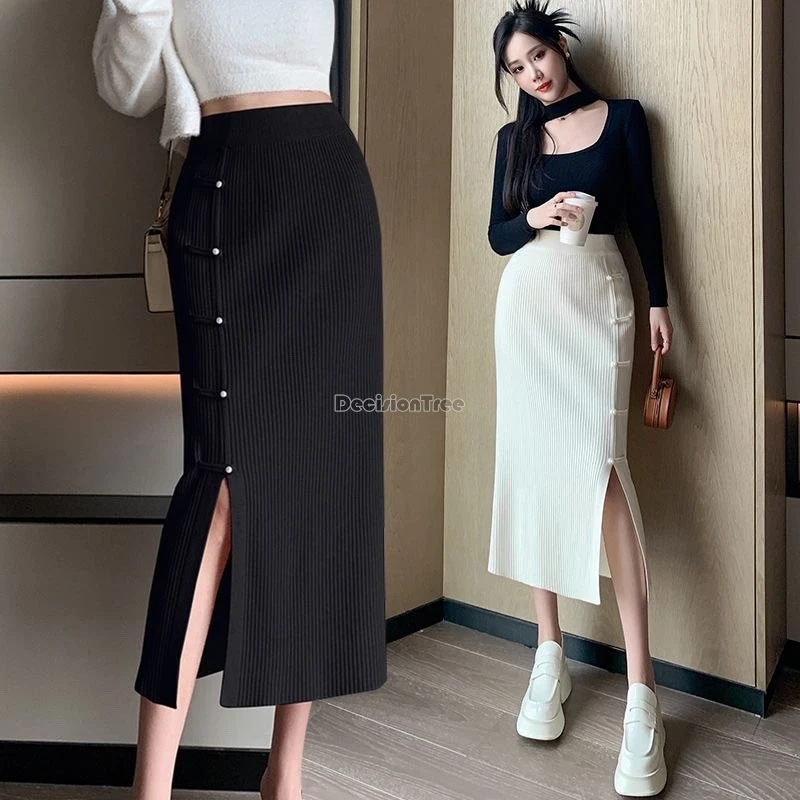 female new chinese style knitted high end half length skirt women's spring/autumn retro buckle medium length skirt for gift