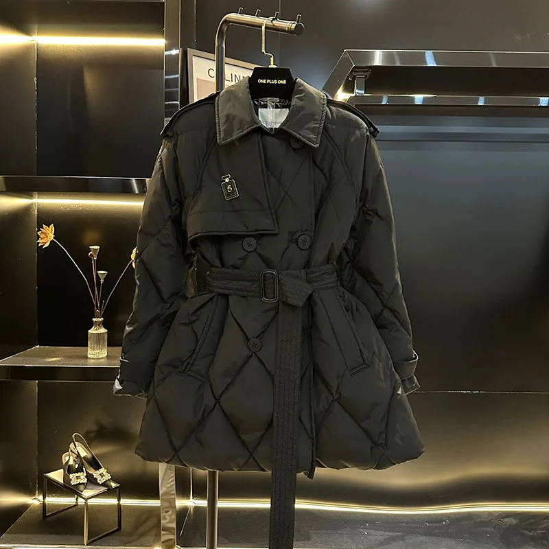 Abrigo de algodón de plumón negro de gran tamaño para mujer, chaqueta acolchada cálida, ropa de algodón de rejilla en forma de diamante larga para