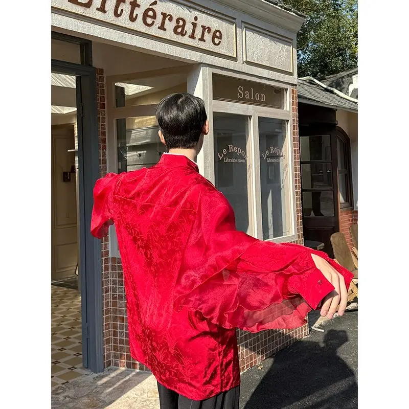 Red Dragon Year Men's Shirt Design Sensation National Style Subtle Pattern Marriage Proposal Tang Costume Shirt Jacket