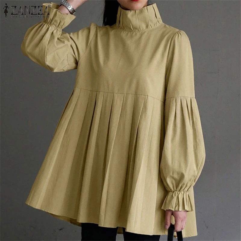 

2026 ZANZEA Elegant Women Long Lantern Sleeve Blouse Spring Autumn Office Blouses Stand Neck Pleated Shirt Solid Color Long Tops