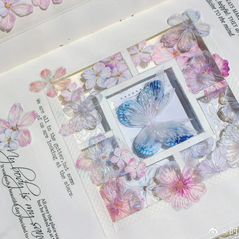 

4,2 новая цветочная лента Washi Pet, образец 1 петля [Сетка времени] Синий туман Цветочный остров Вишневая бабочка