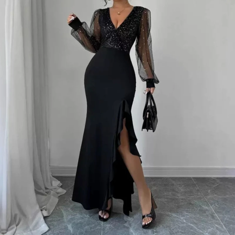 2026 春夏ニットドレス エレガント セクシー Vネック スリム スパンコール スプライシング 伸縮性ドレス ファッション スリット ロングドレス