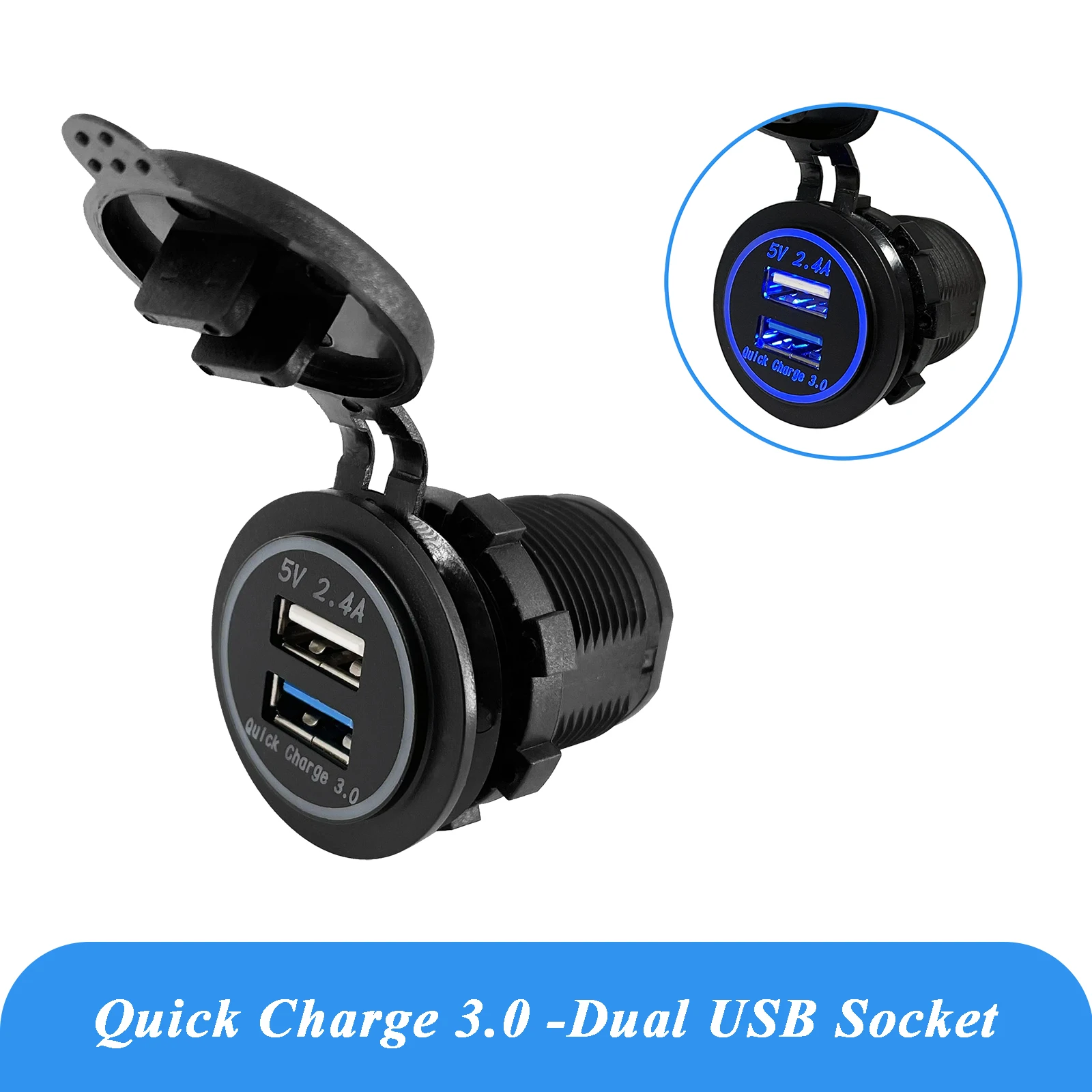 

12V 24V Dual USB QC 3.0 Quick Car Charger Power Outlet Adapter Socket Blue Led for Marine Boat Truck Motorcycle