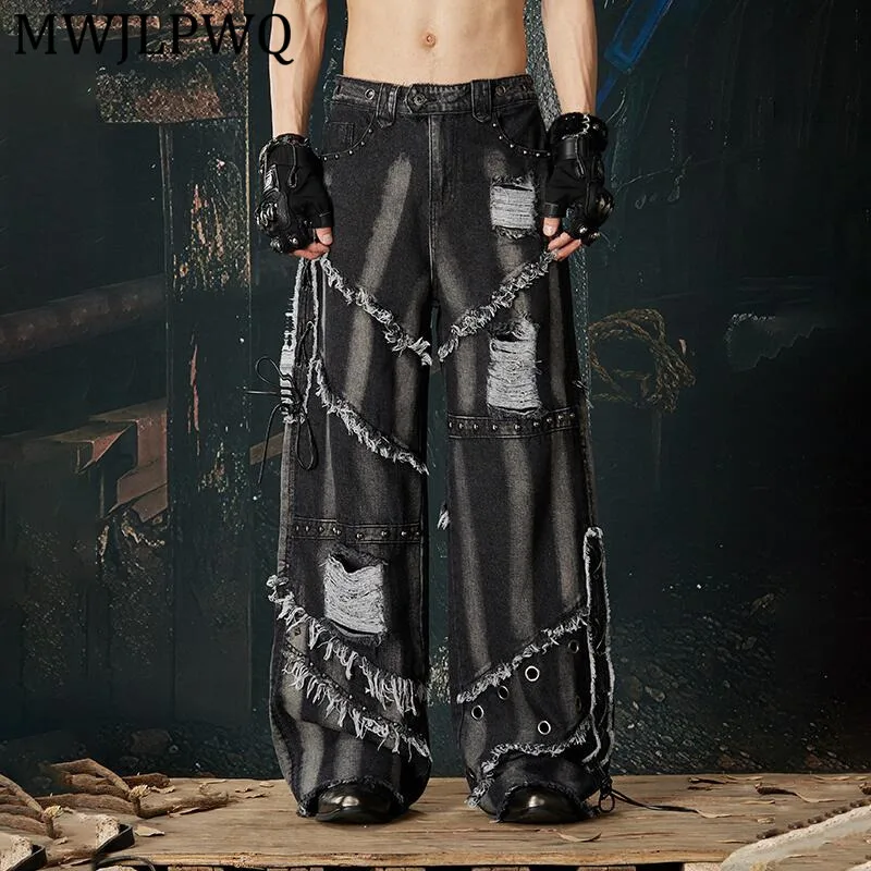 

Мужские джинсы MWJLPWQ: Новинка, деконструированный крой, эффект потертости, с заклепками, весна-осень, свободные прямые джинсовые брюки 14214