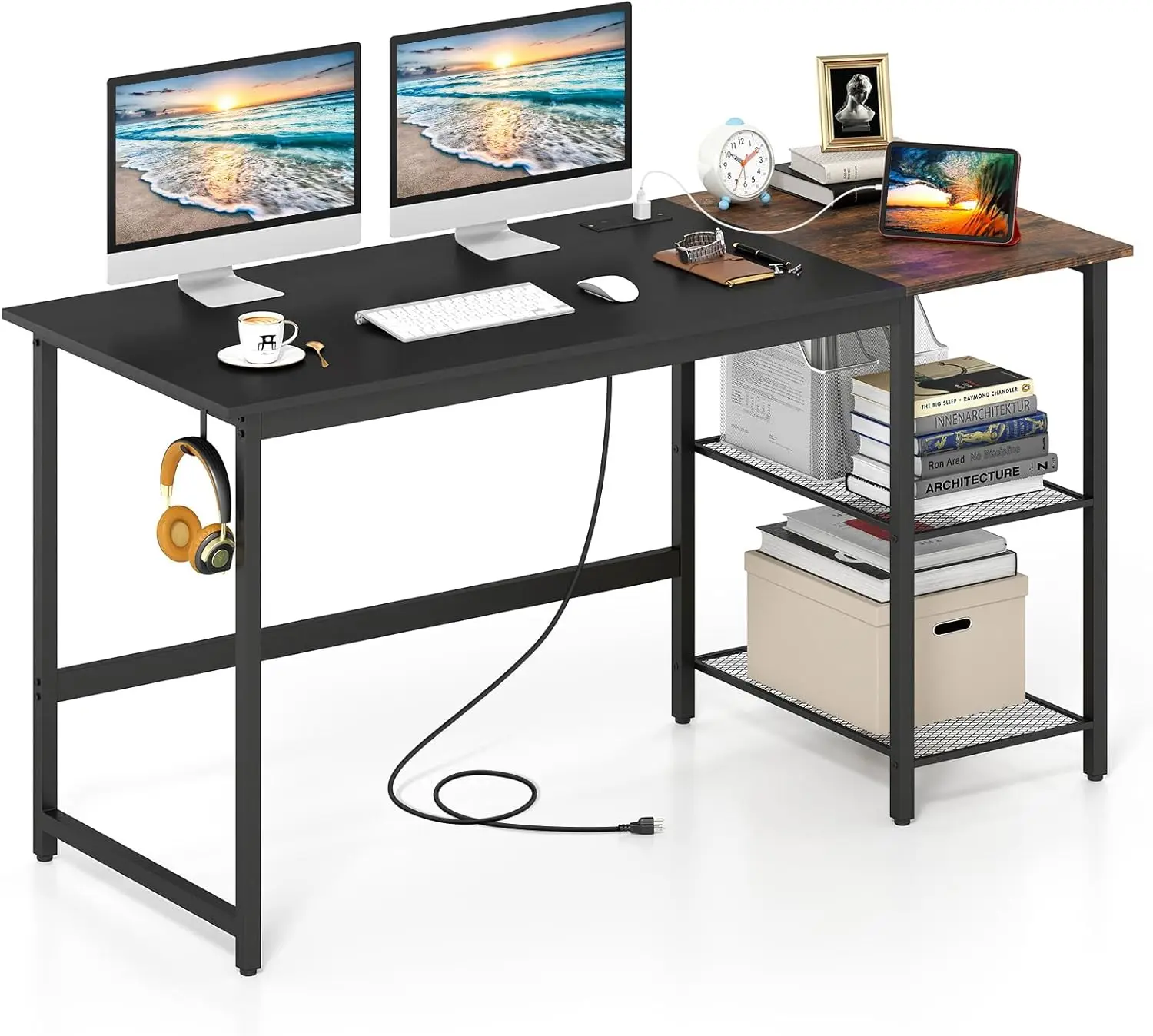 Industrial Modern Computer Desk with Charging Station 59 Inch Home Office Desk with Hook And 2 Tier Storage Shelves PC L Desk