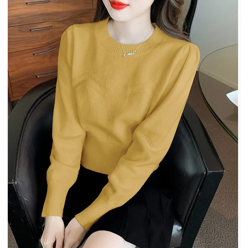 New Autumn Fashion Trend Solid Color Round Neck Short Loose Versatile Western Style Slimming Long Sleeve Knitted Women's Sweater