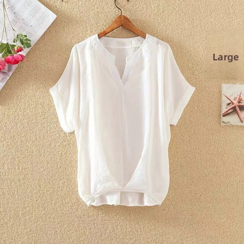 Letnia luźna bluzka damska z lnu i bawełny z dekoltem w serek, rękawami typu nietoperz, w jednolitym kolorze, codzienna, plus size, wyszczuplająca.