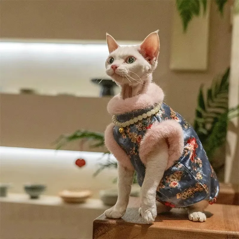 

Elegant Princess-Style Cat Vest Anti-Lick Anti-Pilling Velvet Cheongsam Cotton Fleece Lining XS-XL for Winter New Year's Day