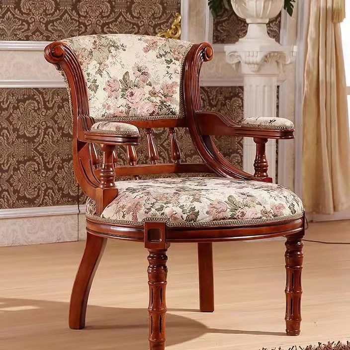

Solid wood carving flower backrest armrest chair retro clubhouse casual high-end book desk household tea table three-piece