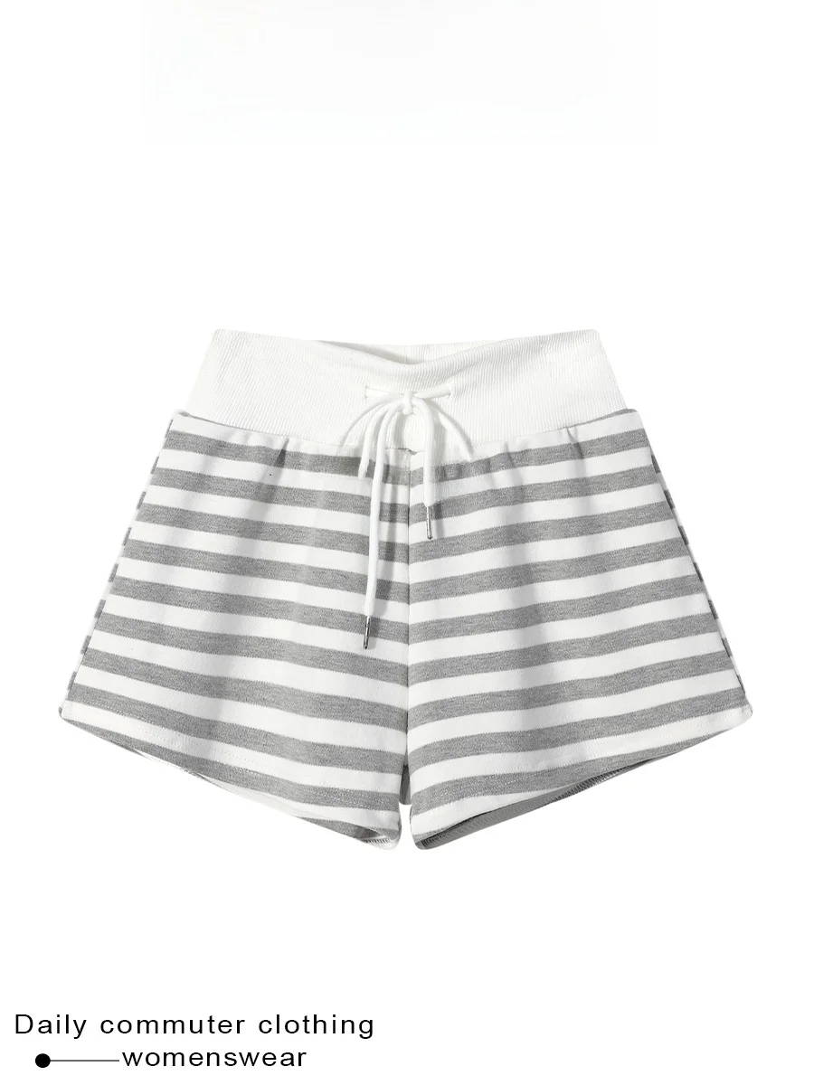 High Waist Striped Shorts Women's Summer Elastic Waist Rope Buckle Slimming Base Layer Pants Casual Straight Leg Trousers