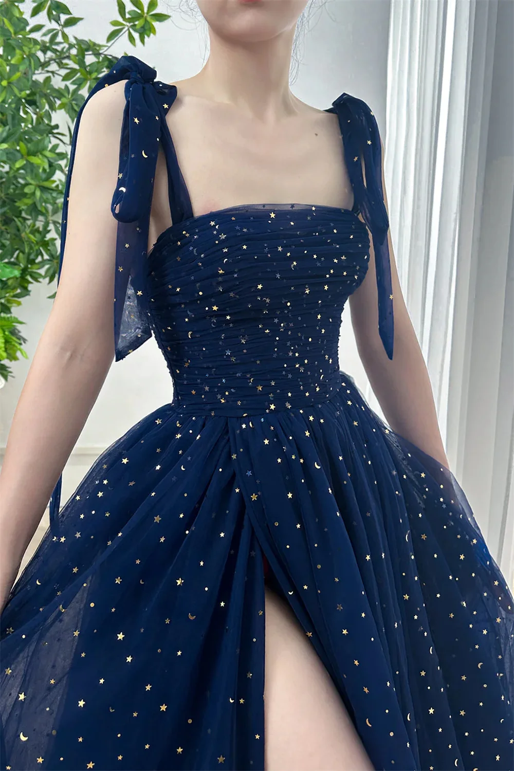 Cathy Navy Blue Side fessura paillettes abiti da festa tessuto a rete Spaghetti Strap vestidos de noiva Backless abiti da sera 2024